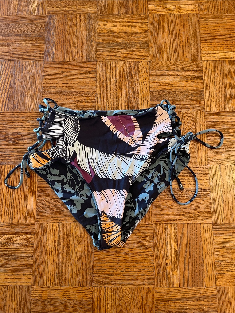 Maaji Black Reversible Bikini Bottoms with Teal & Mauve Floral Print Medium